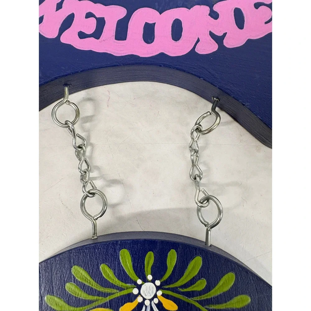 Vintage 1988 Hand Painted Rosemaling Wood Welcome Sign Folk Art Bird Heart Navy